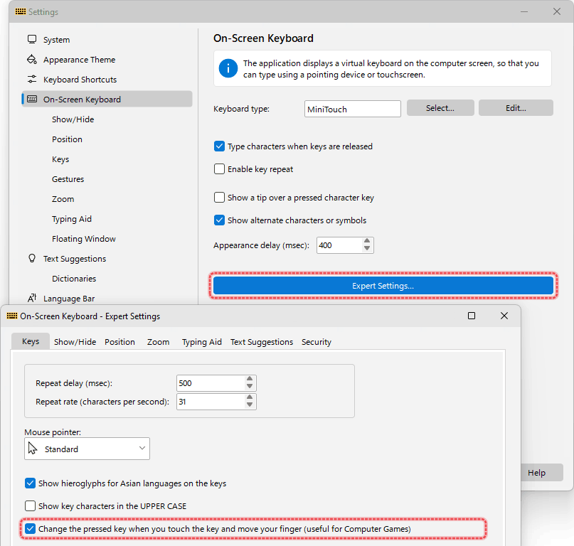 Settings for the keyboard as a gamepad